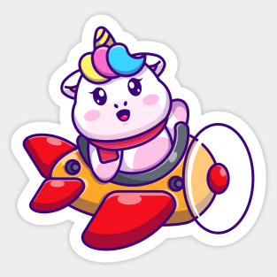 Cute baby unicorn driving plane cartoon Sticker